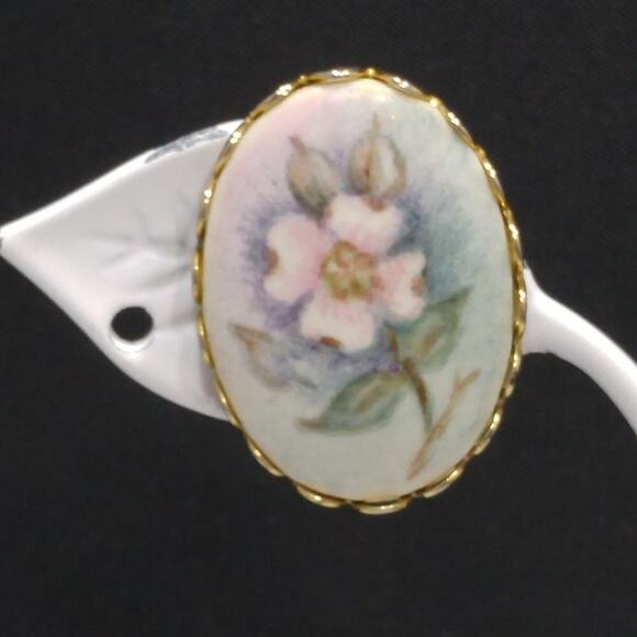 Vintage Hand Painted Porcelain Floral Earrings Oval Clip On Gold Tone Frame - Picture 5 of 12